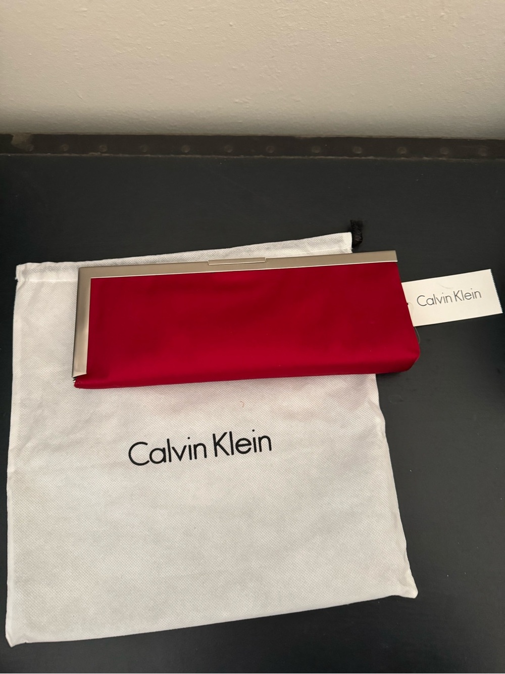 Brand new! Calvin Klein Metallic Trim Red Satin Clutch